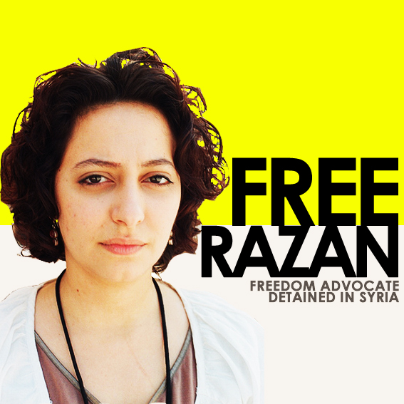 Um cartaz exigindo a liberdade para Razan