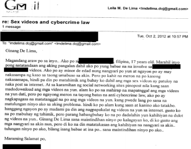 A letter from a young woman asking the government to stop the spread of a sex video which featured her. Binay's measure  is intended to address a case such as this.