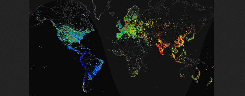 Carna Botnet geovideo of 24 hour relative average utilization of IPv4 addresses observed using ICMP ping requests. This work has been released into the public domain by its author, Internet Census 2012.
