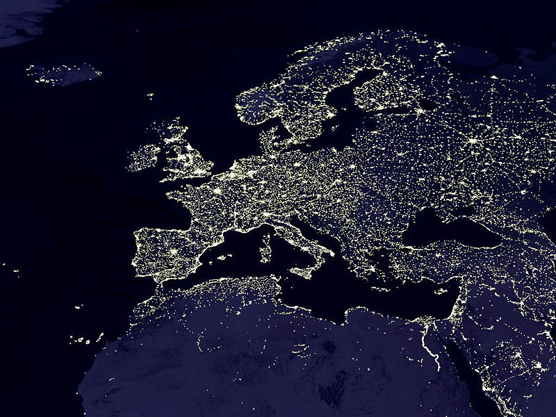Europe by night. Data courtesy Marc Imhoff of NASA GSFC and Christopher Elvidge of NOAA NGDC. Image by Craig Mayhew and Robert Simmon, NASA GSFC. This image has been released to the public domain.