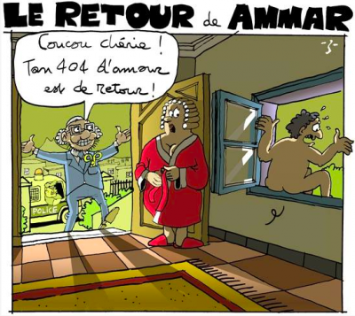 "Hello darling, your beloved 404 [error] is back." Tunisian netizens used the term "Ammar 404" to refer to Internet censorship and surveillance under Ben Ali. Cartoon by Z.