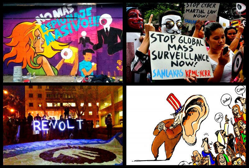 Images from February 11, from top left: a mural by War Design art collective in Bogota, Colombia; a public protest in Manila, Philippines (photo by ; a public rally in San Francisco, US (photo by Ellery Biddle); an anti-surveillance cartoon by Egyptian cartoonist Doaa Eladl.