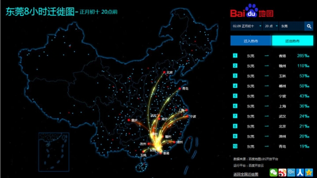 Baidu's 8-hour population flow map during the crackdown on prostitution in Dongguan city was released through Sina Weibo official account. Image via Apple Daily.