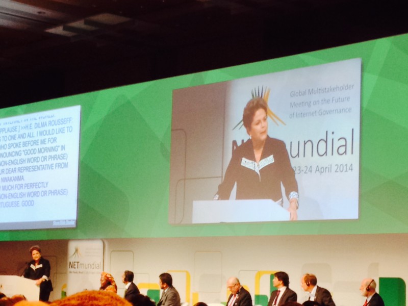 Dilma Rousseff addresses the crowd at NETmundial. Photo by Sarah Myers.