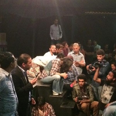 Supporters attend a sit-in at Al Hamra theatre in Tunis. Photo shared on Twitter by @awicksell.