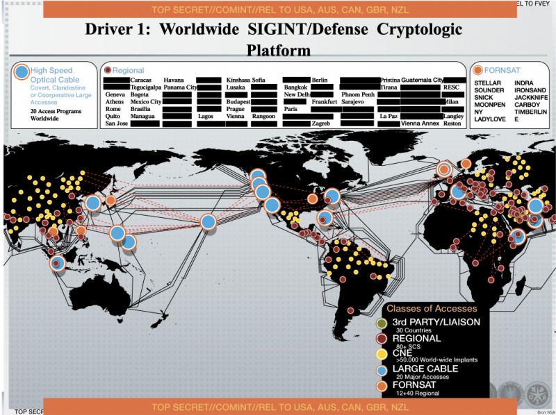 Mapa mundial de las señales de inteligencia de la NSA filtrado por Edward Snowden. Por la Agencia de Seguridad Nacional de Estados Unidos, compartido vía Wikimedia Commons, libre de derechos.