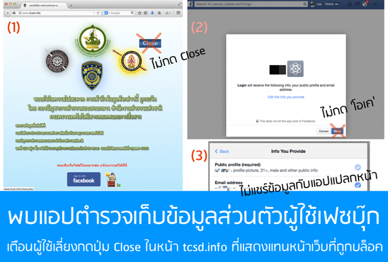 A warning from the Thai Netizen Network, showing the deceptive Facebook application.