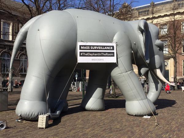 A group of digital rights advocacy groups installed a elephant to represent the figurative elephant at GCCS -mass surveillance. Photo from the Protection Lab Twitter account. 
