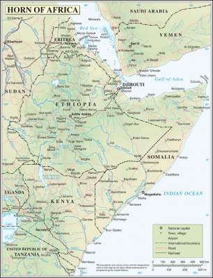 La Corne de l'Afrique. Carte de l'ONU, publiée au domaine public.