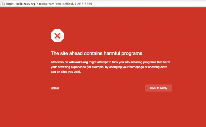 Screenshot of Chrome malware warning on WikiLeaks, taken August 10, 2015.